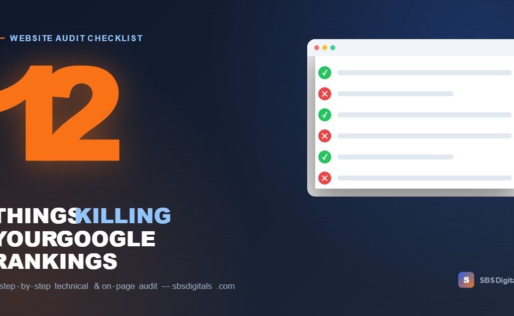 12-point website audit checklist infographic showing common technical and on-page SEO issues that cost Google rankings
